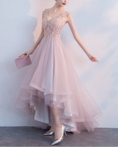 omberprom V-neckline High Low Formal Dress Lace Applique Homecoming Dress Party Dress Elegant Evening Dress Wholesale
