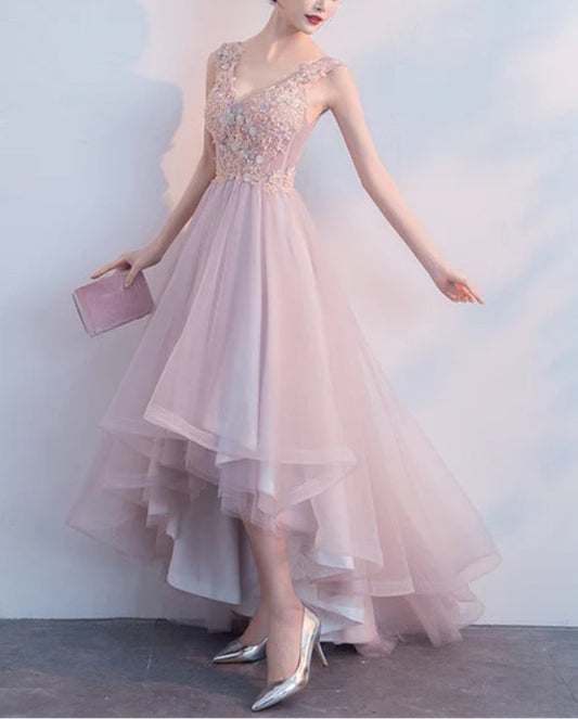 omberprom V-neckline High Low Formal Dress Lace Applique Homecoming Dress Party Dress Elegant Evening Dress Wholesale
