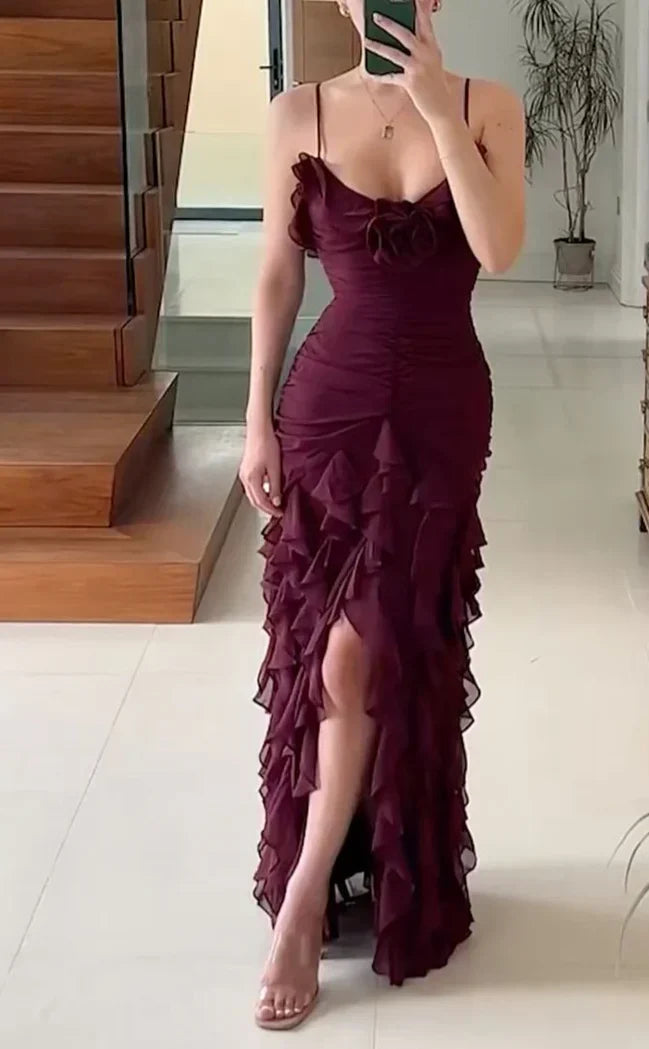 omberprom Elegant Gowns Evening Dresses Spaghetti Straps Chiffon Ruffle Evening Party Dress