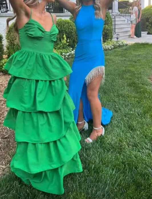 Green Spaghetti Straps Tiered Cute Long Party Dress Evening Dress Formal Dress Wholesale