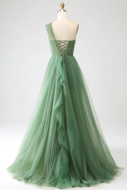 omberprom Elegant A-Line One-Shoulder Long Prom Dress Tulle With Slit Charming Evening Party Dress