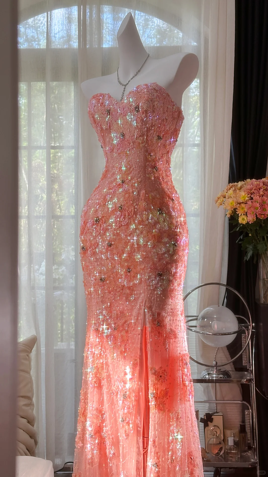 Glitter Strapless Pink Tulle Sequin Beaded Mermaid Party Dress Slit Long Evening Gown