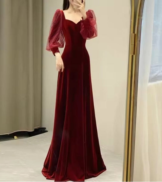 omberprom Wine Red Velvet Long Sleeves Floor Length Bridesmaid Dress Long Prom Dress Elegant Evening Party Dress