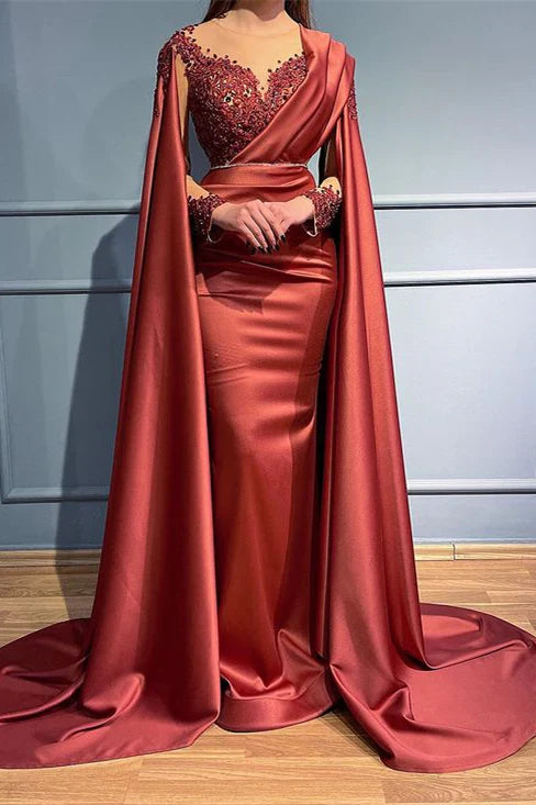 omberprom Elegant Long Sleeve Mermaid Prom Dress Charming Evening Dress With Appliques