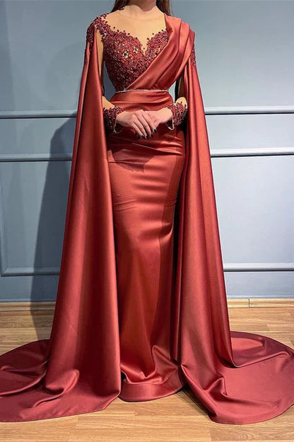omberprom Elegant Long Sleeve Mermaid Prom Dress Charming Evening Dress With Appliques