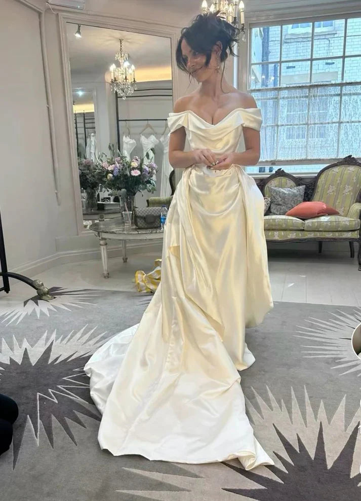 omberprom Elegant A Line Satin Long Wedding Dress Off The Shoulder Evening Wear
