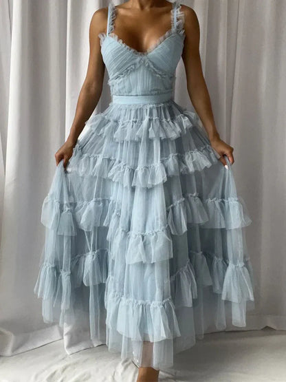 omberprom Blue A-Line Tulle Tiered Cute Prom Dress Party Gown Charming Evening Dress Wholesale