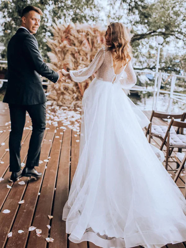 Fascinating Long Sleeves Deep V-neck Lace Backless A-line Wedding Dresses Sexy