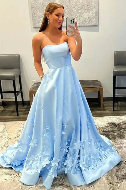 omberprom A Line Strapless Sleeveless Appliques Evening Dress Online Off Shoulder Prom Dress With Flowers