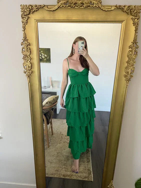 Green Spaghetti Straps Tiered Cute Long Party Dress Evening Dress Formal Dress Wholesale