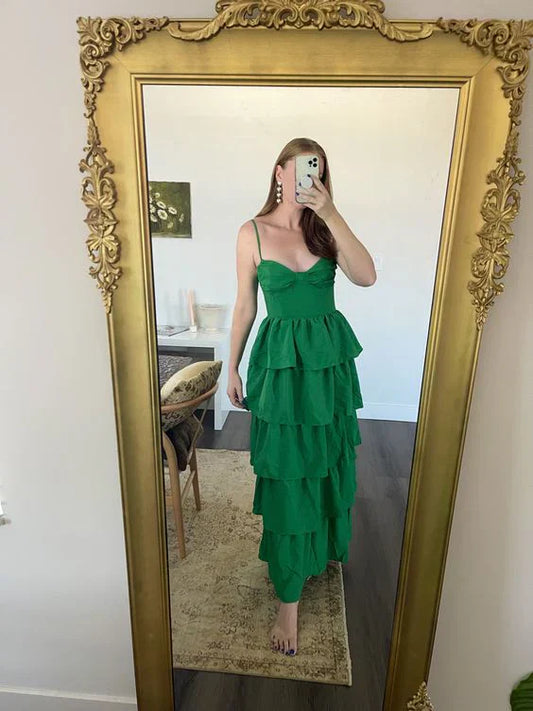 Green Spaghetti Straps Tiered Cute Long Party Dress Evening Dress Formal Dress Wholesale