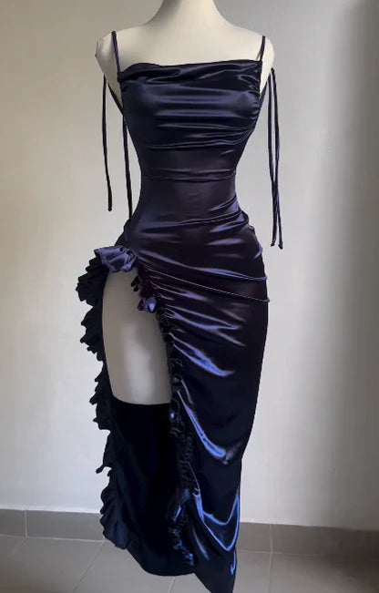 Navy Blue Open Back Ruffles Midi Length Party Dress Evening Dress Formal Dress Wholesale