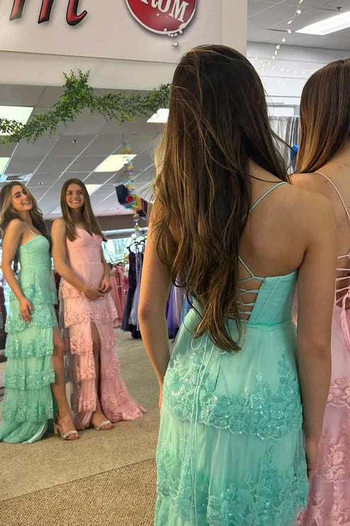 omberprom Sweetheart Spaghetti Straps Tiered Long Prom Dress with Slit Charming Evening Dress Wholesale