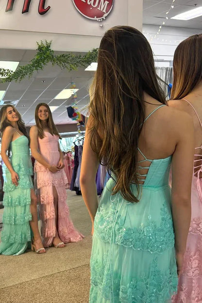omberprom Sweetheart Spaghetti Straps Tiered Long Prom Dress with Slit Charming Evening Dress Wholesale
