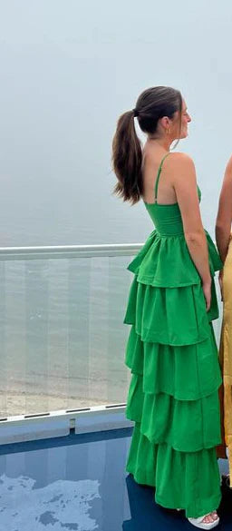 Green Spaghetti Straps Tiered Cute Long Party Dress Evening Dress Formal Dress Wholesale