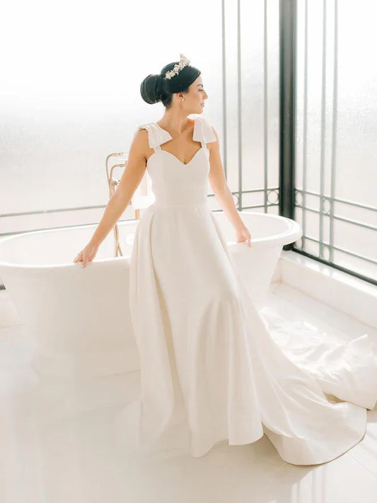 A Line Satin Wedding Gown Sweetheart Neck Wedding Dress With Bowtie Straps Solid Color
