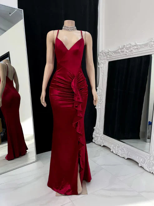 Wine Red Straps Ruffles V Neck Long Prom Dress with Slit Evening Party Dress Wholesale