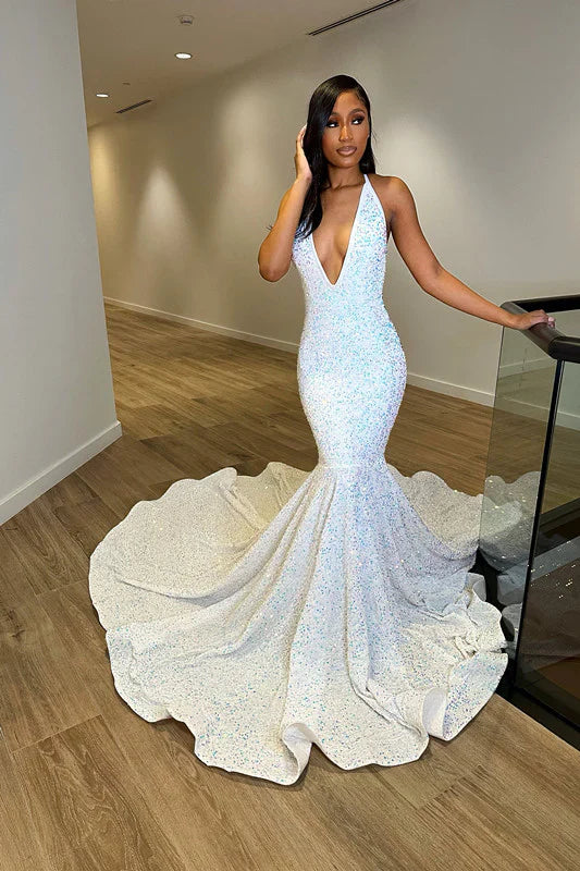 Fantasy Sleeveless V Neck Halter Evening Dress With Sequins Sparkly Sexy Prom Dress