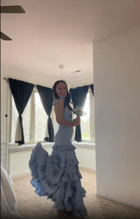 Sage A-Line Ruffles Tiered A-Line Satin Long Prom Dress Sexy Party Dress Formal Dress Wholesale