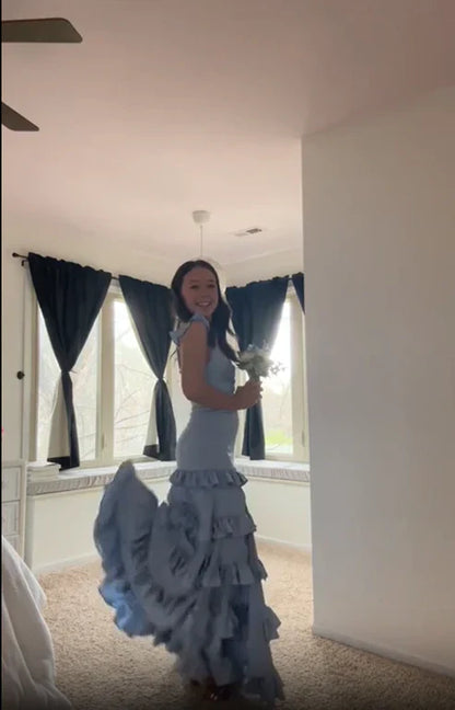 Sage A-Line Ruffles Tiered A-Line Satin Long Prom Dress Sexy Party Dress Formal Dress Wholesale