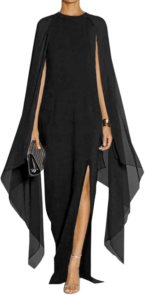 omberprom Women's Elegant Flare Sleeve Formal Evening Gowns Maxi Dress Simple Party Dress With Slit