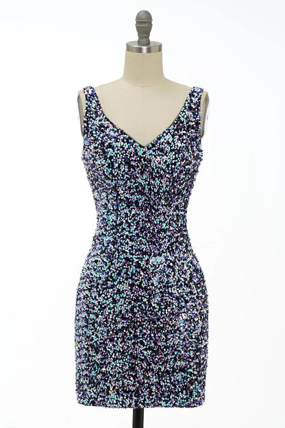 omberprom Short Homecoming Dress Classy Royal Blue Sheath V Neck Sequin Fitted