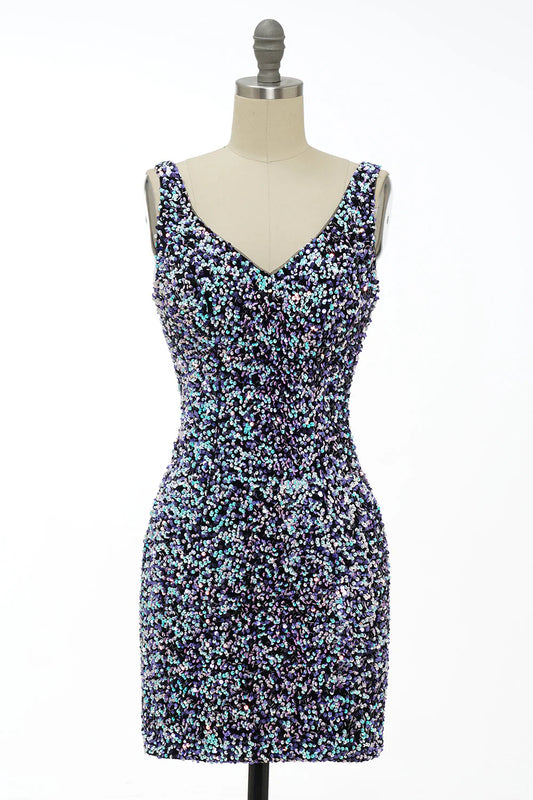 omberprom Short Homecoming Dress Classy Royal Blue Sheath V Neck Sequin Fitted