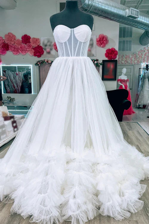 omberprom A-line Graduation Dresses Corset Strapless Tulle Prom Dress with Ruffles