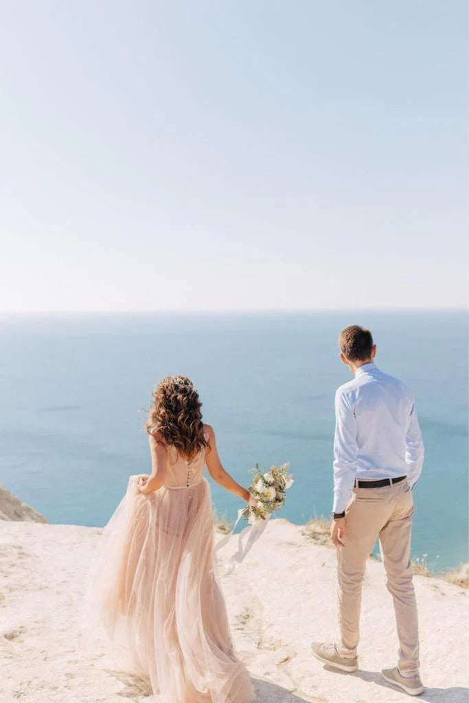 Simple V-neck Tulle Open Back Bridal Gown Beach Wedding Dresses Wholesale