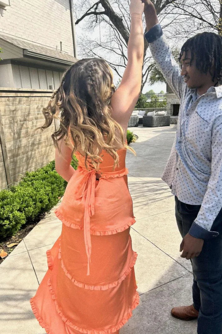Orange A-Line Satin Layers Long Prom Dress with Slit Party Dress Formal Dress Wholesale