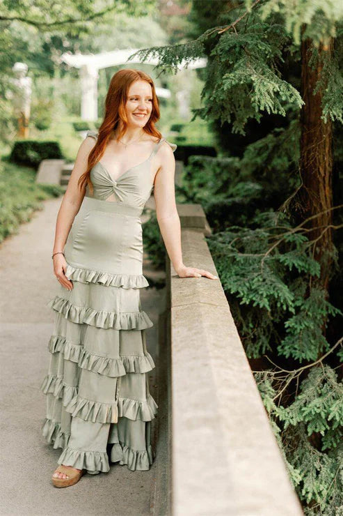 Sage A-Line Ruffles Tiered A-Line Satin Long Prom Dress Sexy Party Dress Formal Dress Wholesale