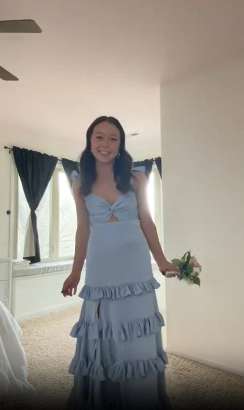 Sage A-Line Ruffles Tiered A-Line Satin Long Prom Dress Sexy Party Dress Formal Dress Wholesale