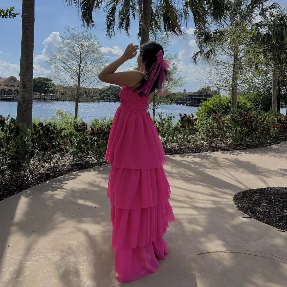Fuchsia A-Line Strapless Layers Cute Party Dress Off Shoulder Formal Dress With Slit Wholesale