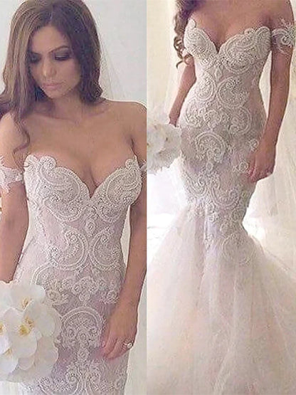 Charming Sweetheart Mermaid Wedding Dresses With Appliques Off Shoulder Floor Length Elegant