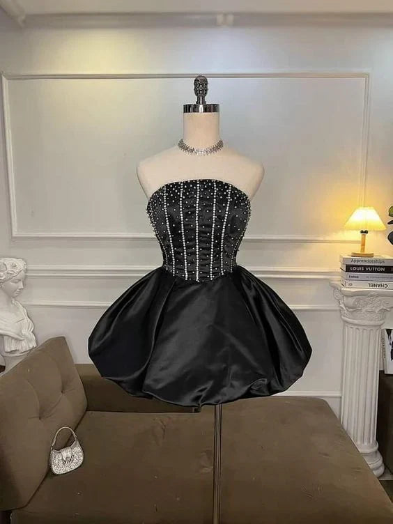 omberprom Chic A-Line Strapless Satin Beading Homecoming Dress Short Party Dress Lovely Graduation Dress
