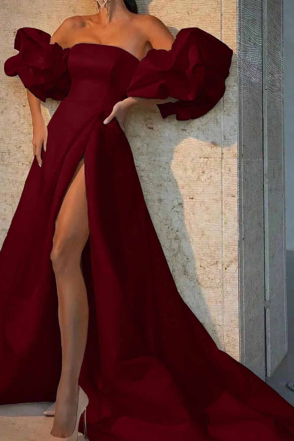 Off The Shoulder Bubble Sleeves Long Evening Dress With Slit Sexy Party Dress Wholesale