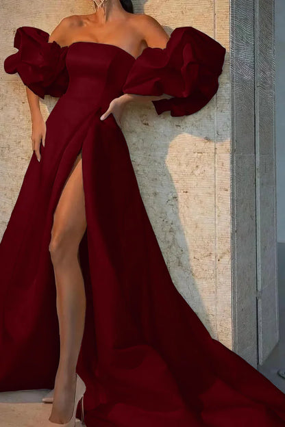 Off The Shoulder Bubble Sleeves Long Evening Dress With Slit Sexy Party Dress Wholesale