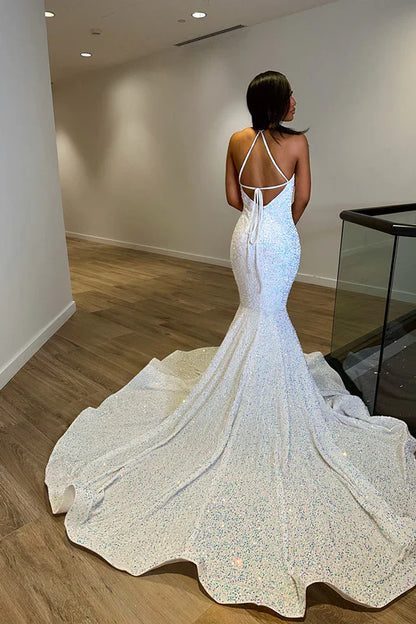 Fantasy Sleeveless V Neck Halter Evening Dress With Sequins Sparkly Sexy Prom Dress
