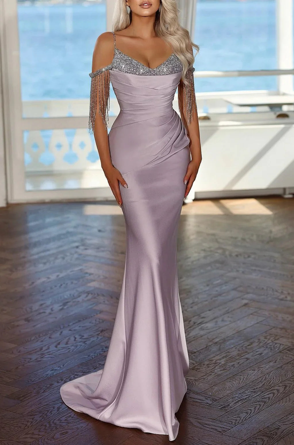 omberprom Elegant Lavender Long Evening Dress Spaghetti Strap With Pleated Sequins Tassel Sexy Wholesale