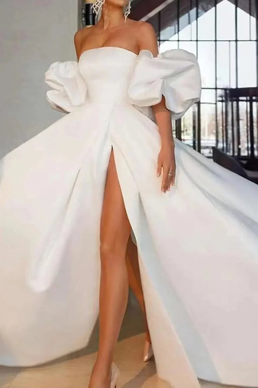 Off The Shoulder Bubble Sleeves Long Evening Dress With Slit Sexy Party Dress Wholesale