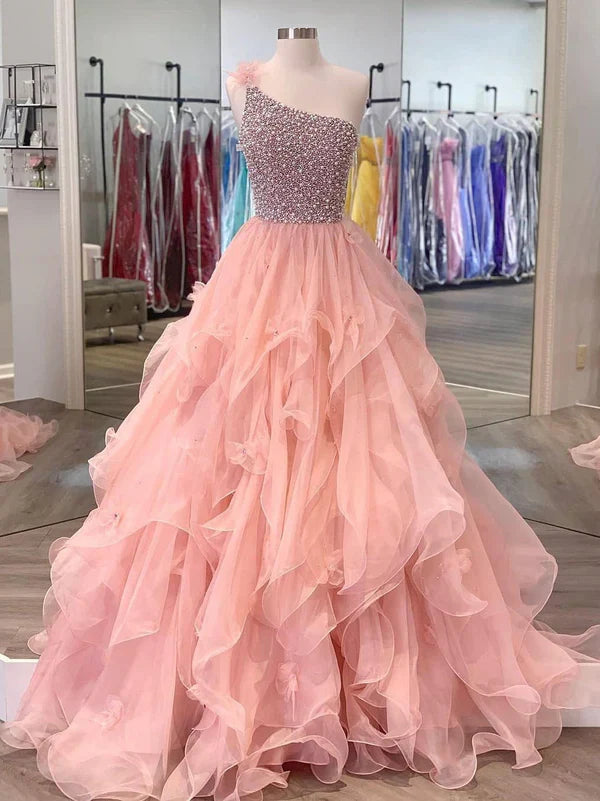 omberprom One-shoulder Tulle Beaded Flower A-line Prom Dresses Floor Length Beautiful Wholesale