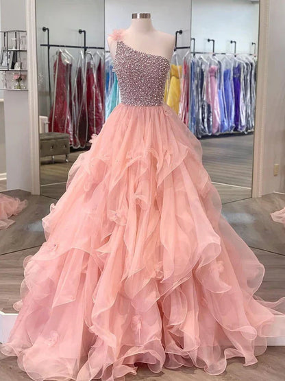 omberprom One-shoulder Tulle Beaded Flower A-line Prom Dresses Floor Length Beautiful Wholesale