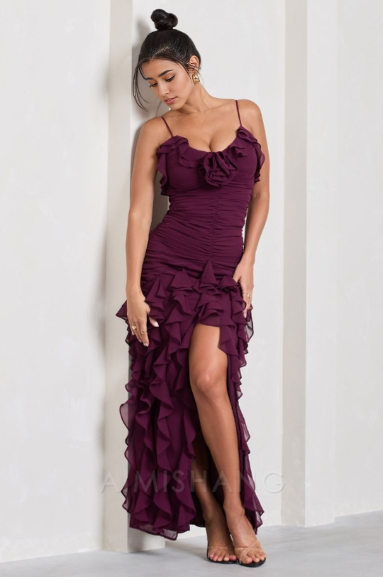 omberprom Elegant Gowns Evening Dresses Spaghetti Straps Chiffon Ruffle Evening Party Dress