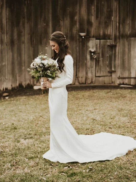 omberprom Simple Long Sleeves Backless Wedding Dresses Mermaid Bridal Gowns Elegant