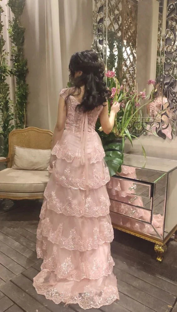 omberprom Sweet Pink Strapls Lace Tiered Long Prom Dress Evening Gown Charming Wholesale