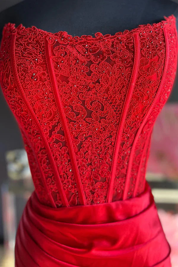 omberprom Sheath Evening Dress Strapless Corset Satin Prom Dress with Slit