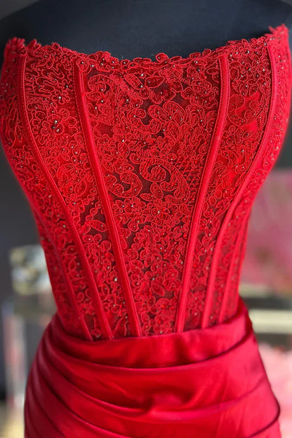 omberprom Sheath Evening Dress Strapless Corset Satin Prom Dress with Slit