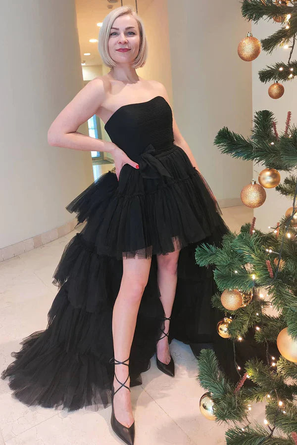 omberprom Fashion A-line Evening Dress High Low Strapless Tulle Prom Dress with Ruffles
