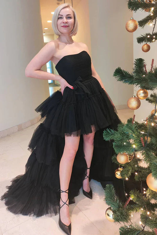 omberprom Fashion A-line Evening Dress High Low Strapless Tulle Prom Dress with Ruffles