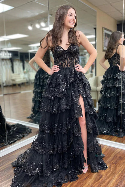 PM479, Luxury Black Applique Beaded Prom Dresses, High Split Long Evening Party Dress